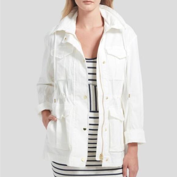 ATM Frayed Zip-Front Cargo Field Jacket w/ Stowaway Hood White Women’s Small - Picture 1 of 14